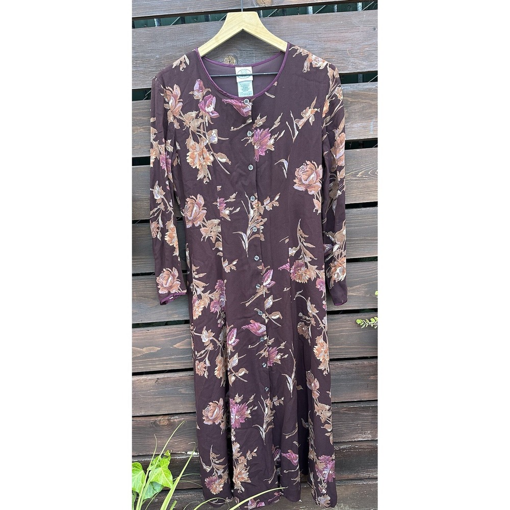 Vtg Laura Ashley Floral Long Front Button Sheer Viscose Boho Dress Size 6